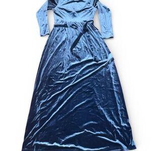 Classic Fashion Collection Women Med Blue Velvet Long Sleeve Tie Belt Maxi Dress